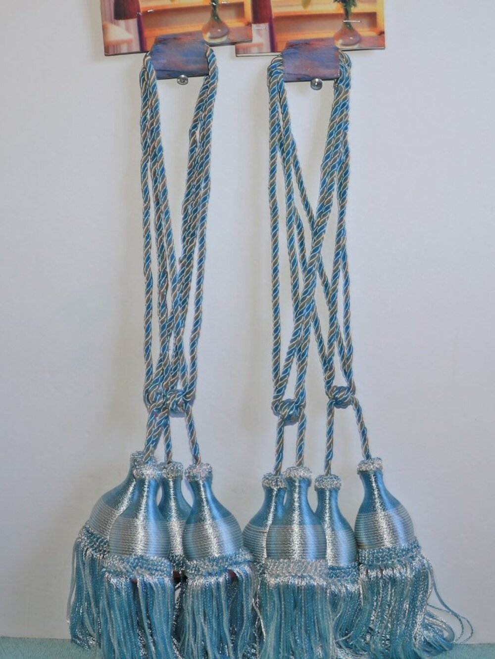 Lot of 4  Blue Rope Tassel Curtain Tiebacks Window Decor